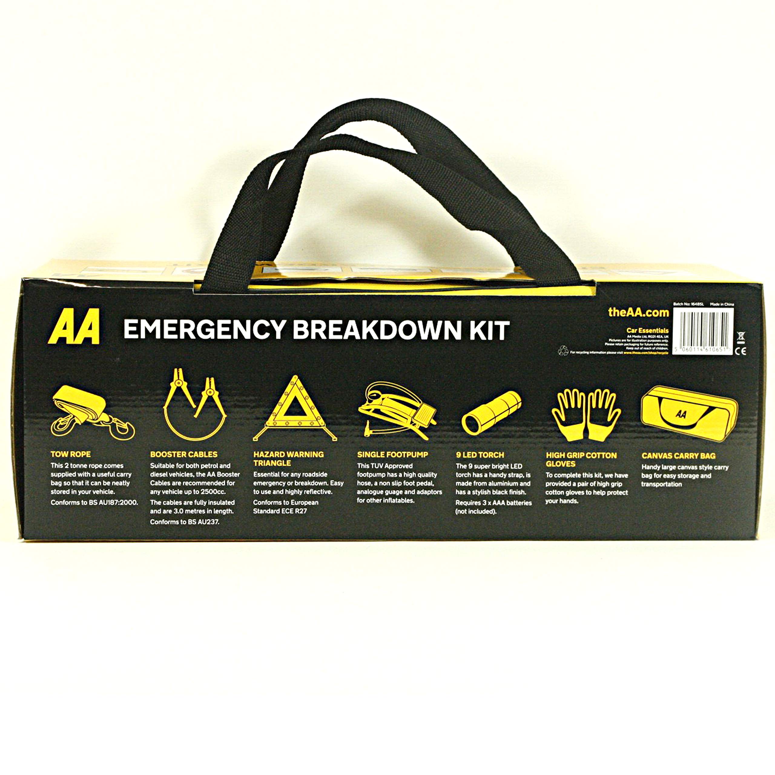 AA Vehicle Breakdown Safety Kit Plus AA5618 – Tyre Inflator, Warning Triangle, Tow Rope, Hi-Vis Vest, Torch, Glass Hammer, Booster Cables, Storage Bag