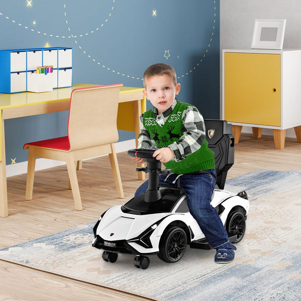 GYMAX 3 in 1 Kids Ride on Push Car, Licensed Lamborghini Push Along Car with Handle, Guardrails, USB Port, Music & Lights, Underneath Storage, Toddler Sliding Toy for 18-60 Months Boys Girls (Black)