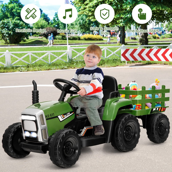 COSTWAY Ride on Tractor and Trailer, 12V Battery Powered Electric Kids Toy Car with Remote Control, LED Lights, USB & Bluetooth Music, Four Wheels Ride on Toys for Children Ages 3+(Dark Green)