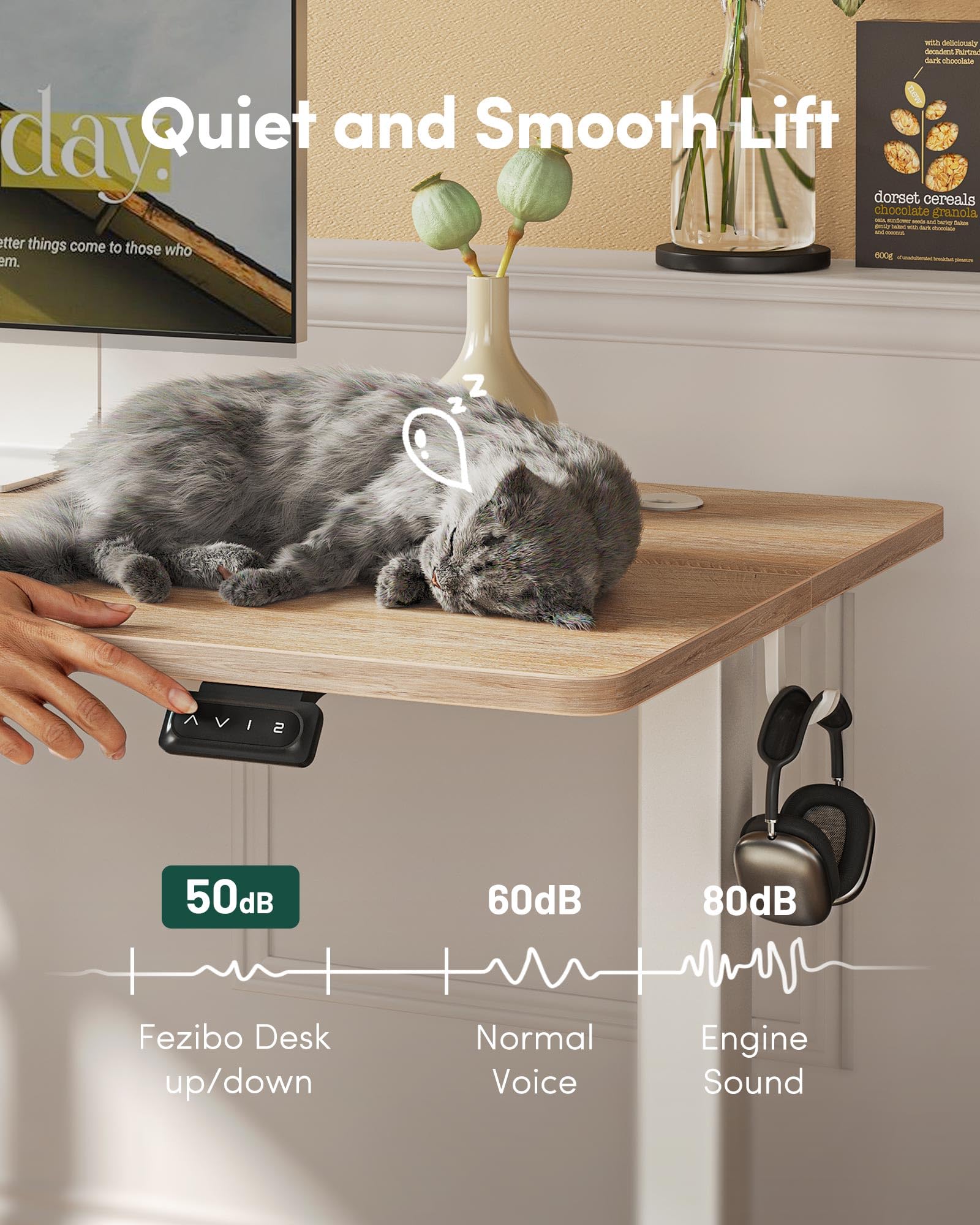 FEZIBO Height Adjustable Electric Standing Desk, 120 * 60 cm Stand up Table, Sit Stand Home Office Desk with Splice Board, White Frame/Maple Top