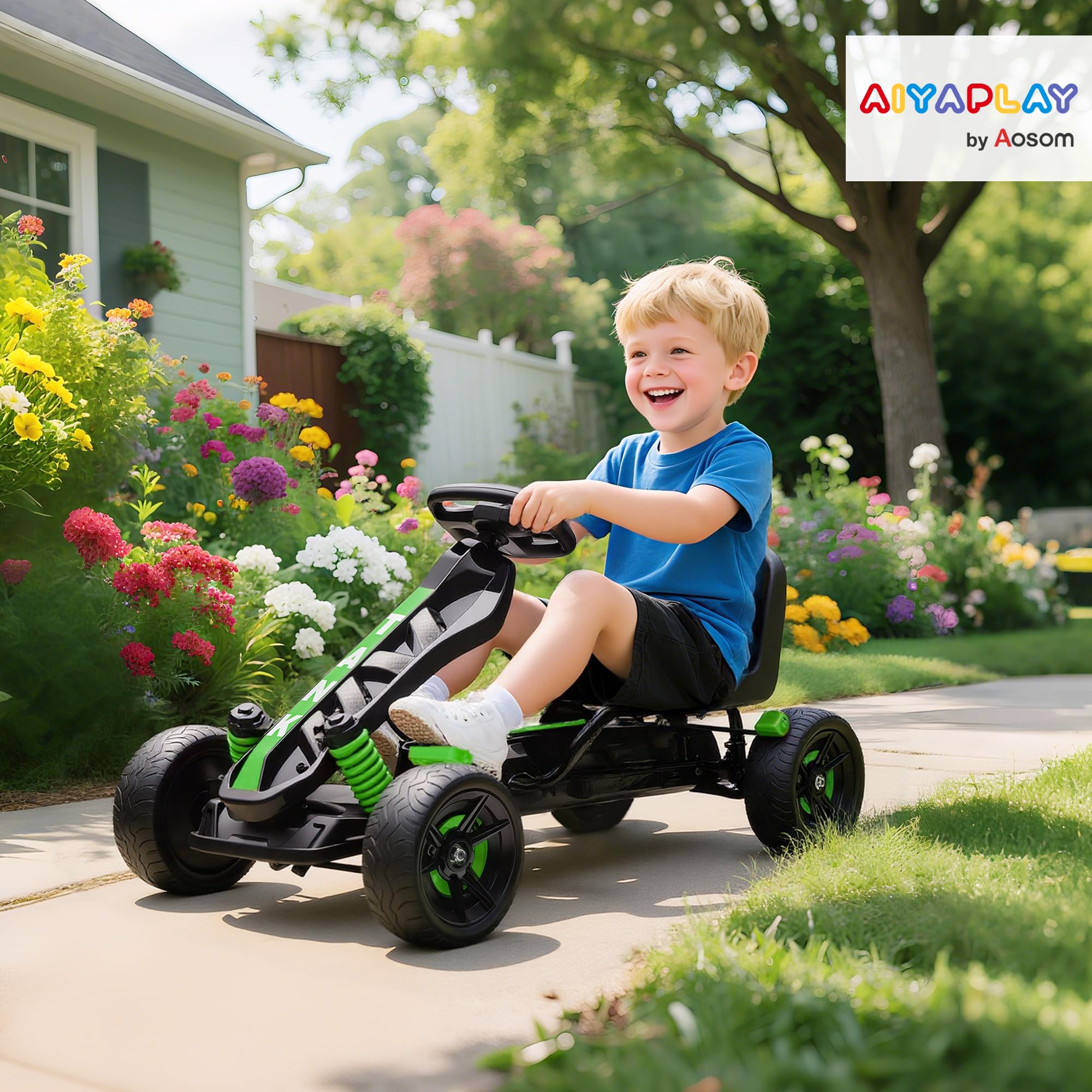 AIYAPLAY Pedal Go Kart, Ride on Racer with Freewheel System, Brake, Non-Slip EVA Wheels, Metal Frame, Go Kart for Kids Ages 3-6 Years, Pink