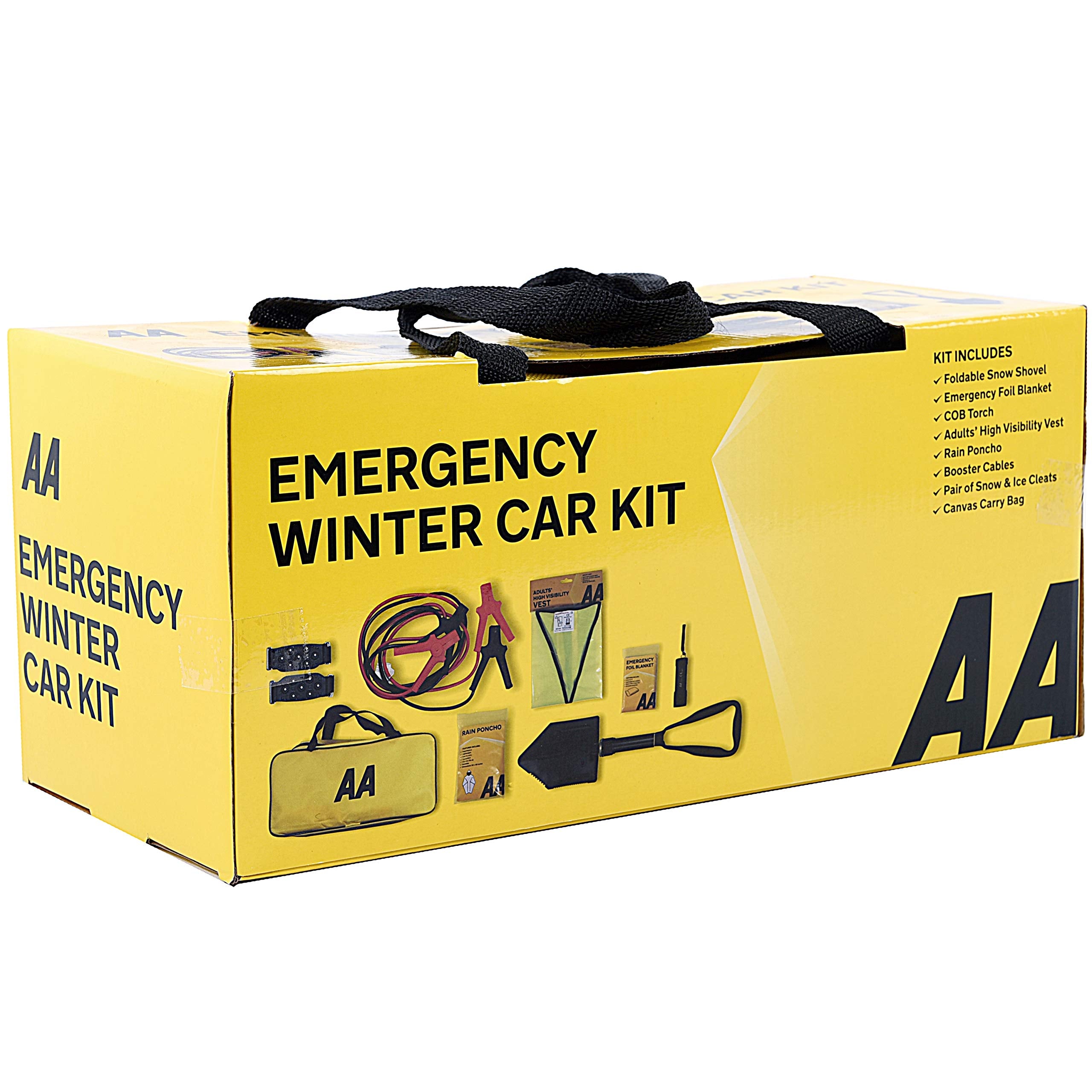 AA Vehicle Breakdown Safety Kit Plus AA5618 – Tyre Inflator, Warning Triangle, Tow Rope, Hi-Vis Vest, Torch, Glass Hammer, Booster Cables, Storage Bag