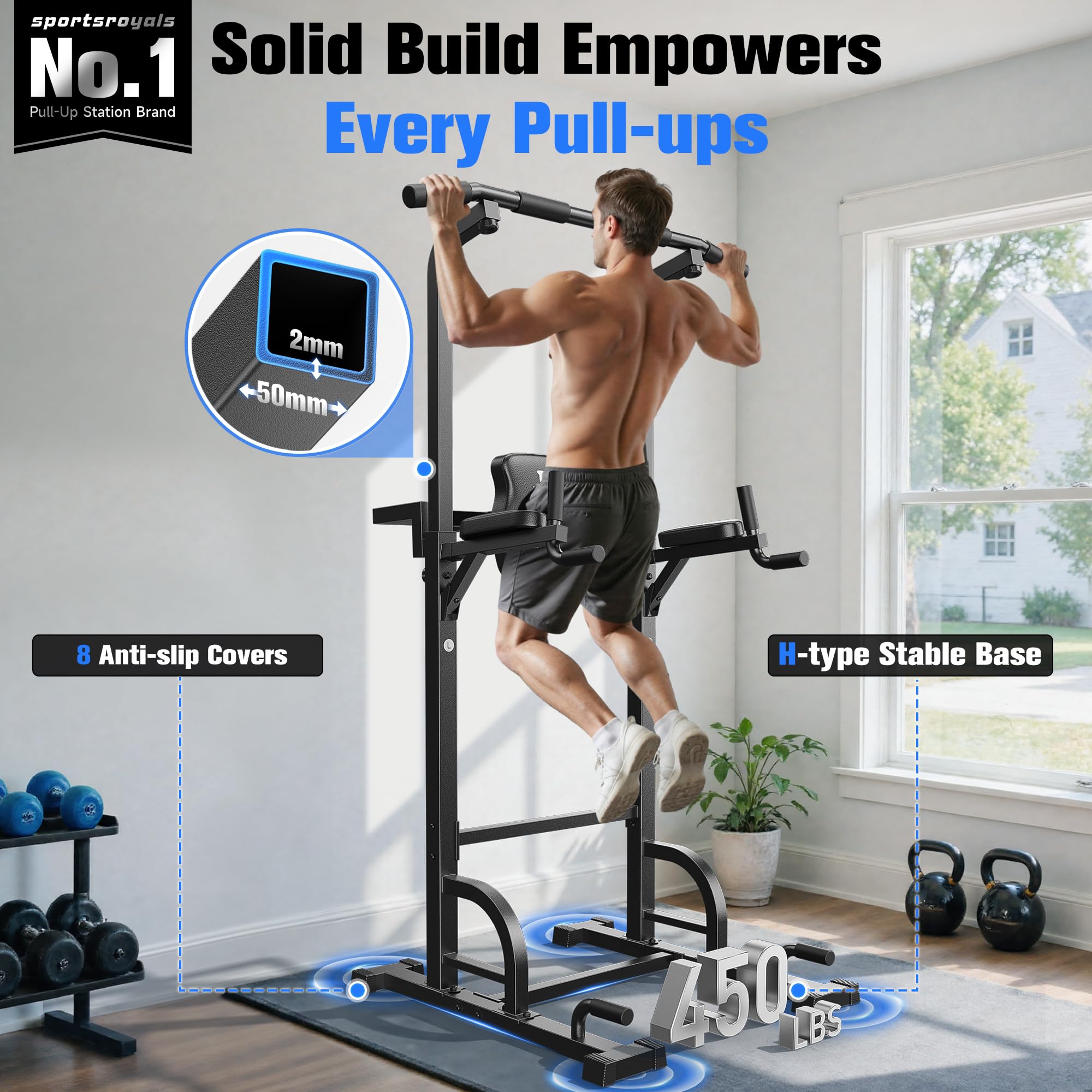 Sportsroyals Power Tower Pull Up Bar Station, 450LBS Stable Pull Up Dip Station for Home Gym Strength Training Equipment