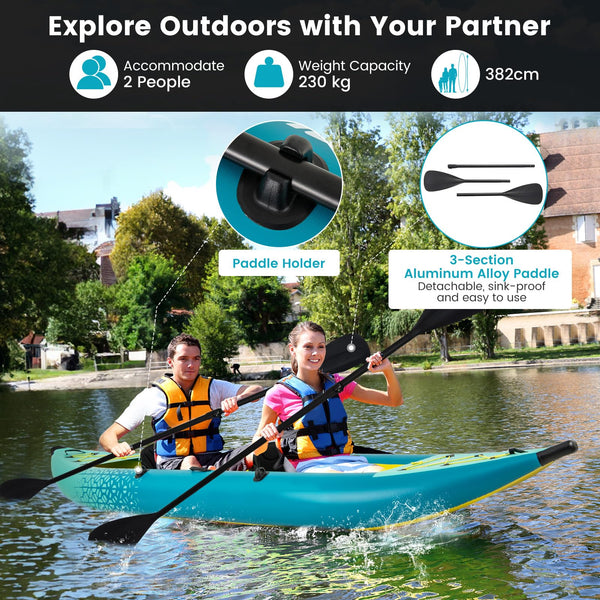 GYMAX Inflatable Kayak Set, 2-Person Inflatable Boat with Aluminum Oars, EVA Padded Seat, Fins, Hand Pump, Repair Kit and Carry Bag, Blow Up Canoe for Lakes, Rivers & Sea Shores