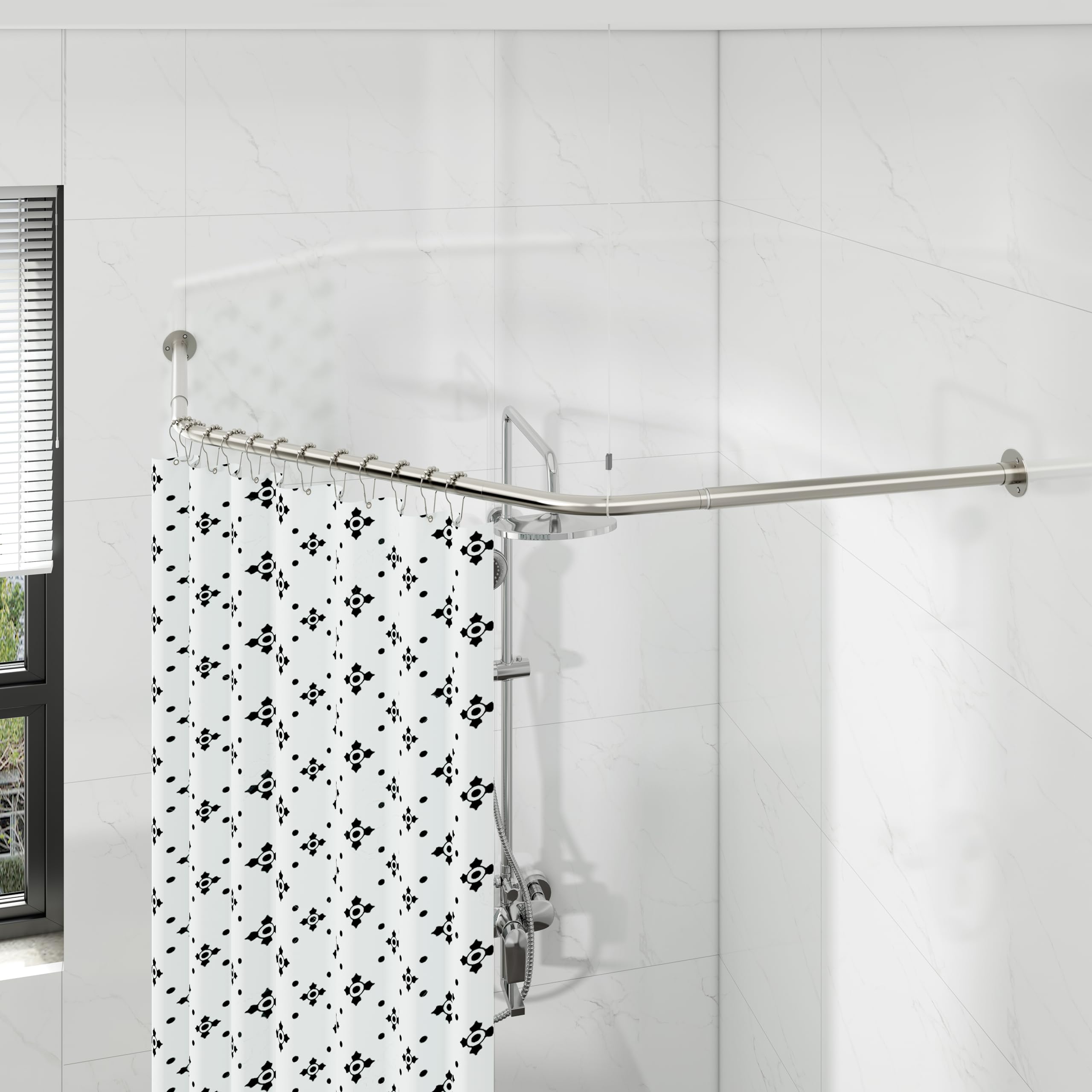 Corner Shower Curtain Pole, Diamond Shaped Shower Rail, Curved Shower Curtain Rod for Bathroom, Stainless Steel with 12 Ring Hooks & Ceiling Support
