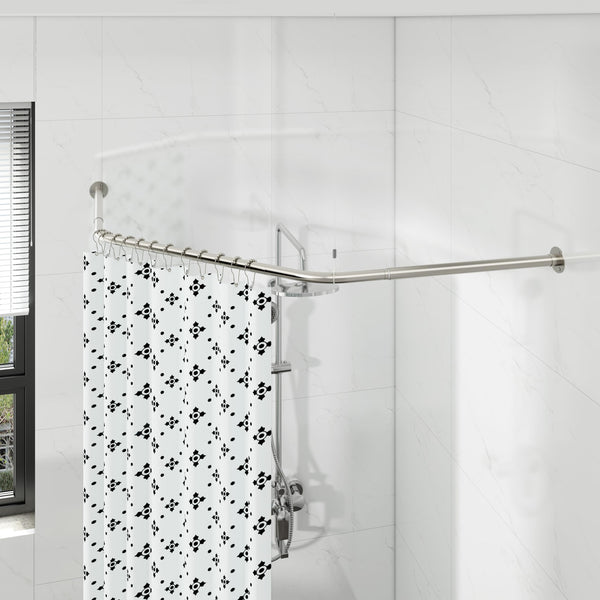 Corner Shower Curtain Pole, Diamond Shaped Shower Rail, Curved Shower Curtain Rod for Bathroom, Stainless Steel with 12 Ring Hooks & Ceiling Support