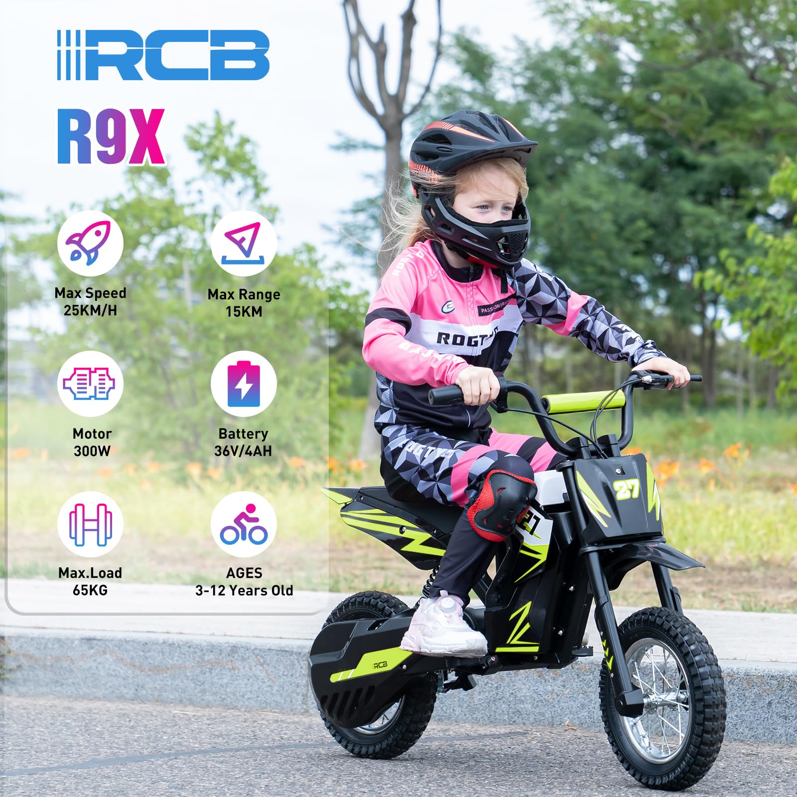 RCB R9X Electric Motorcycle Kids, 12 inch Pneumatic Tires, Ride On Electric Motorcycle with Powerful Motor, 3 Speed Modes 8/12/25KMH, Range 15KM, Moto Crossbike Kids from 3-12years