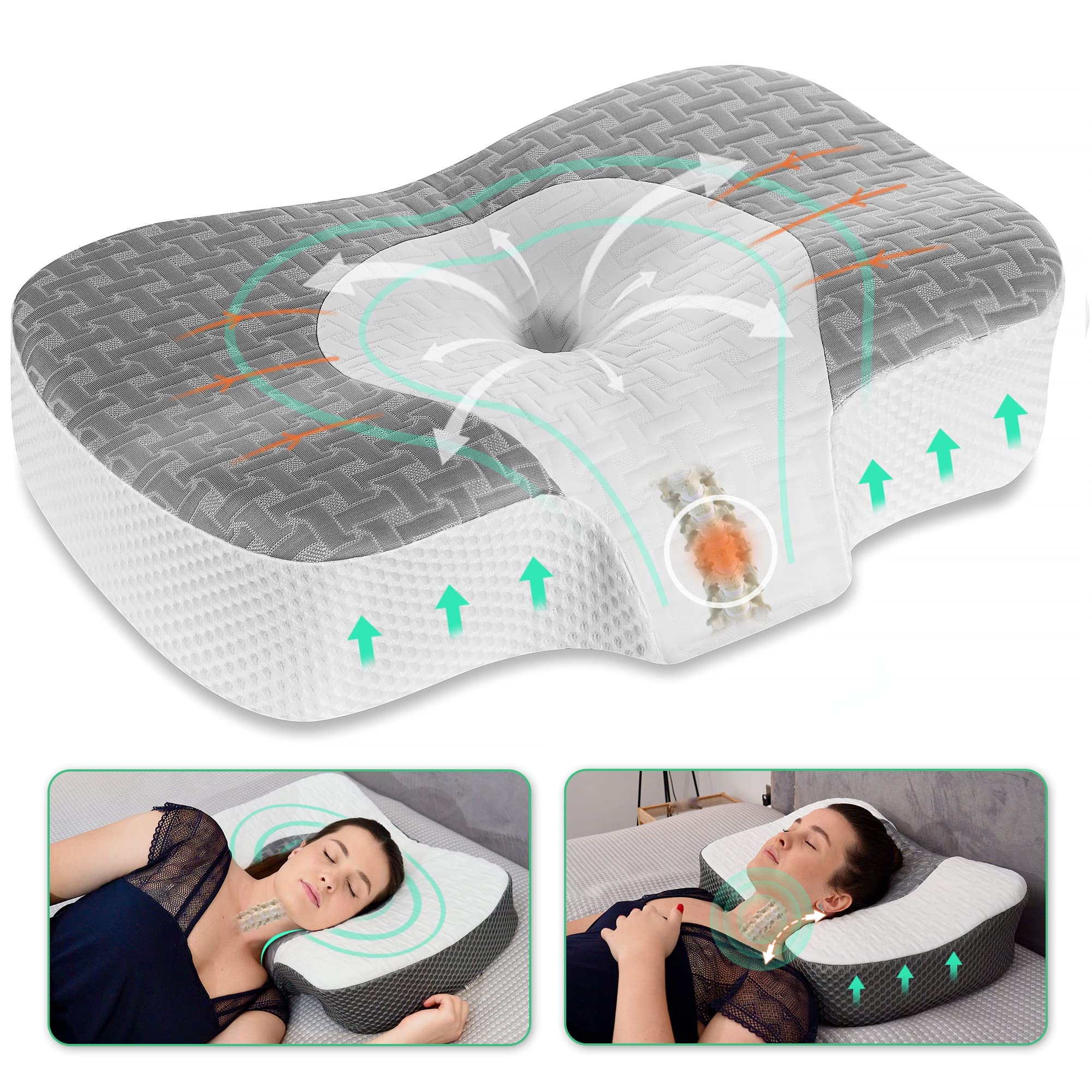 Elviros Cervical Memory Foam Neck Pillow for Side Sleeping, Orthopedic Pillows for Back and Stomach Sleepers, Adjustable Ergonomic Bed Pillow Pain Relief (White)