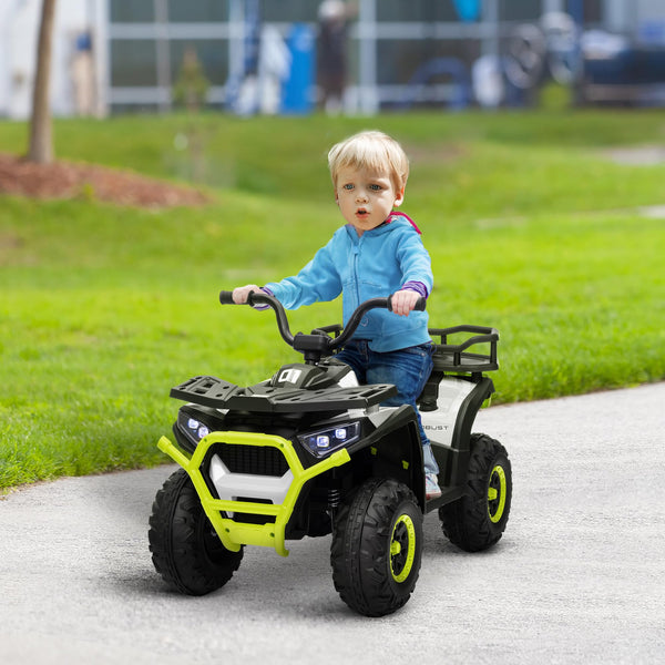 AIYAPLAY 12V Kids Electric Ride on ATV, Battery Powered Quad Bike with 4 Suspension Wheels, Forward Reverse Function, Headlights, Music, Storage Basket, for Ages 3-5 Years, Yellow