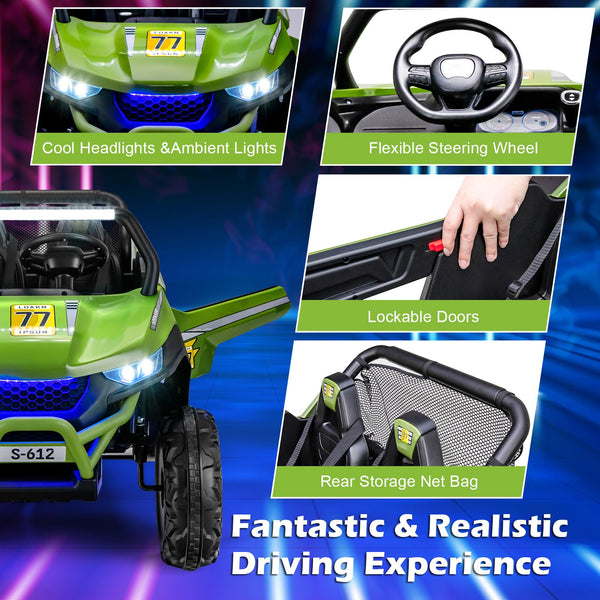 Kids Electric UTV, 2-Seater 12V Battery Powered Toy Car with Remote Control, Lights, Bluetooth, MP3, USB, FM, High/Low Speed & Suspension Spring, Children Ride on Car for 3-8 Years Old (Yellow)