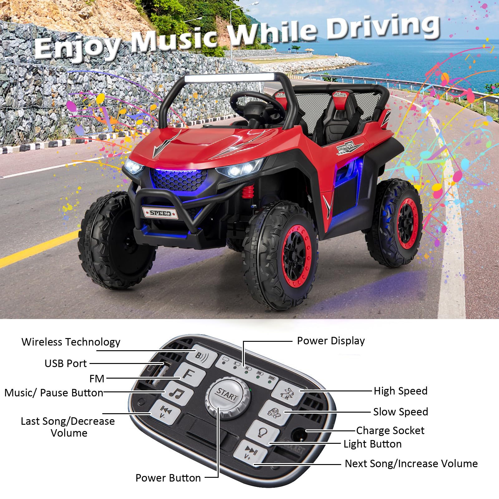 Kids Electric UTV, 2-Seater 12V Battery Powered Toy Car with Remote Control, Lights, Bluetooth, MP3, USB, FM, High/Low Speed & Suspension Spring, Children Ride on Car for 3-8 Years Old (Yellow)