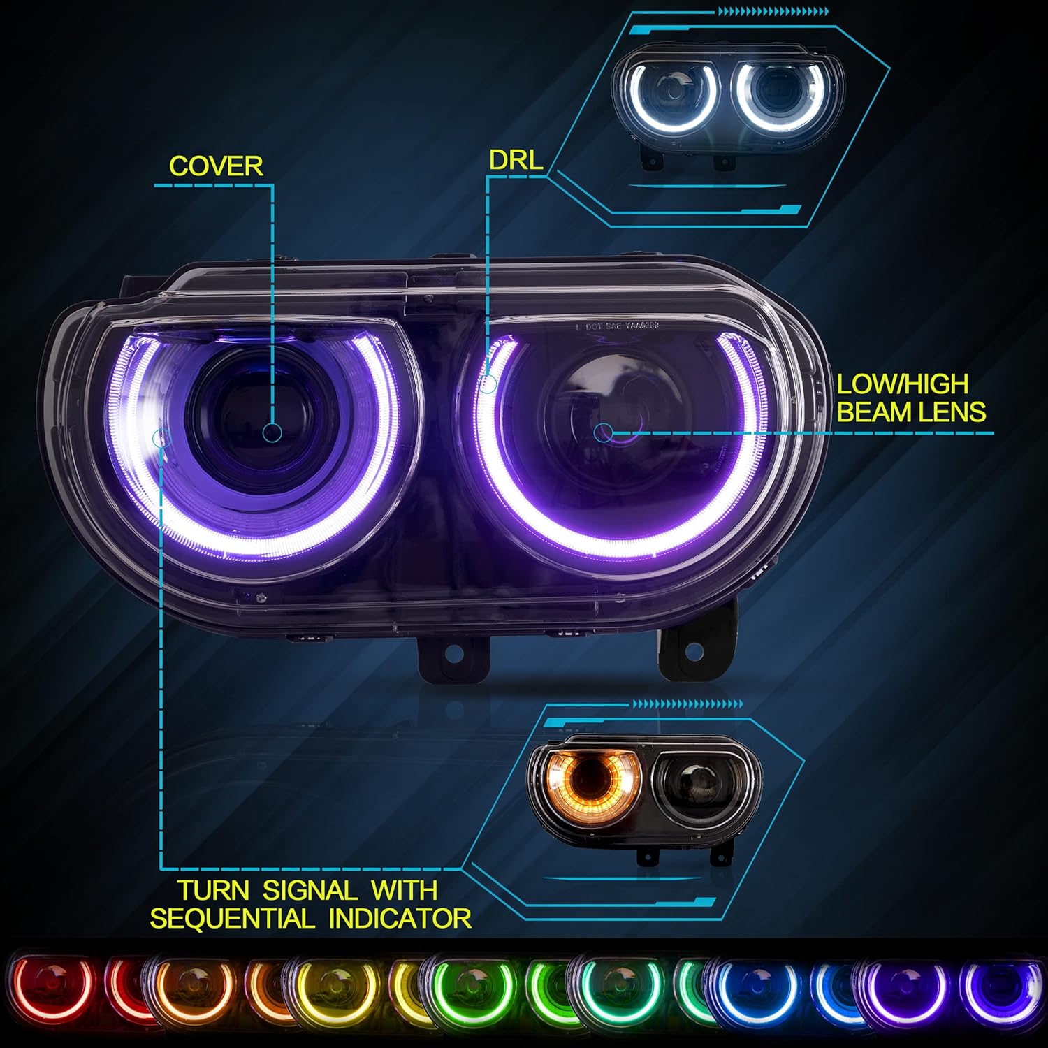 VLAND RGB Headlights Fit for 2008-2014 Dodge Challenger 3rd Gen Coupe, LED Front Lights with Colorful Halo DRL and Sequential Turn Signal