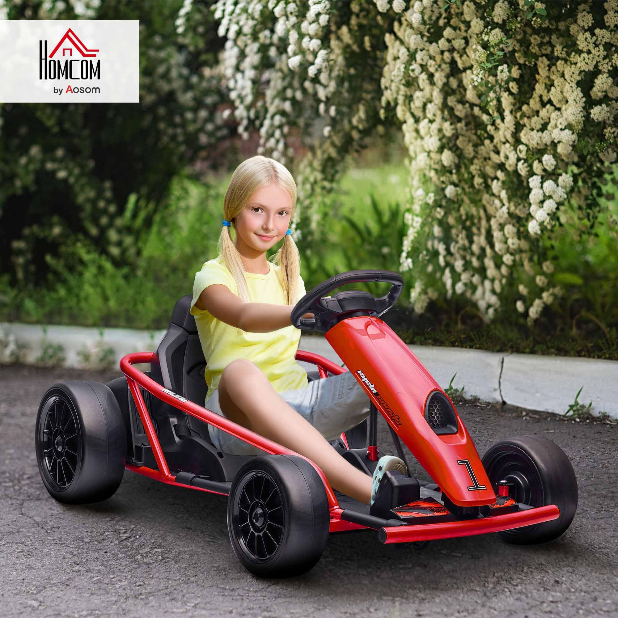 HOMCOM 24V Electric Go Kart for Kids, Ride-On Racing Go Kart with Slow Start, Music, Horn Honking and Safety Belt, for 8-12 Years Old, Blue