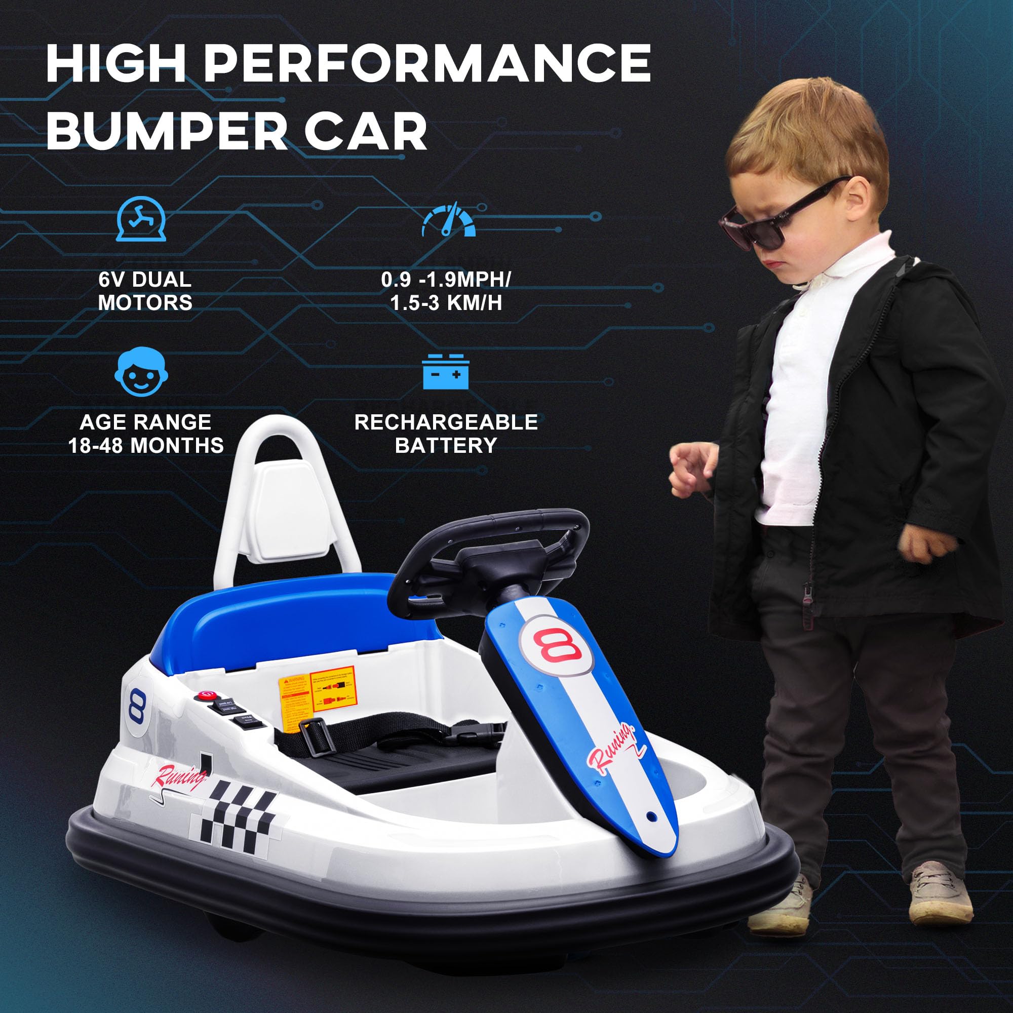 HOMCOM Kids Bumper Car 360° Rotation Spin Waltzer Car 6V Electric Ride On Car with 2 Speeds, Music, Lights for 18-48 Months - White