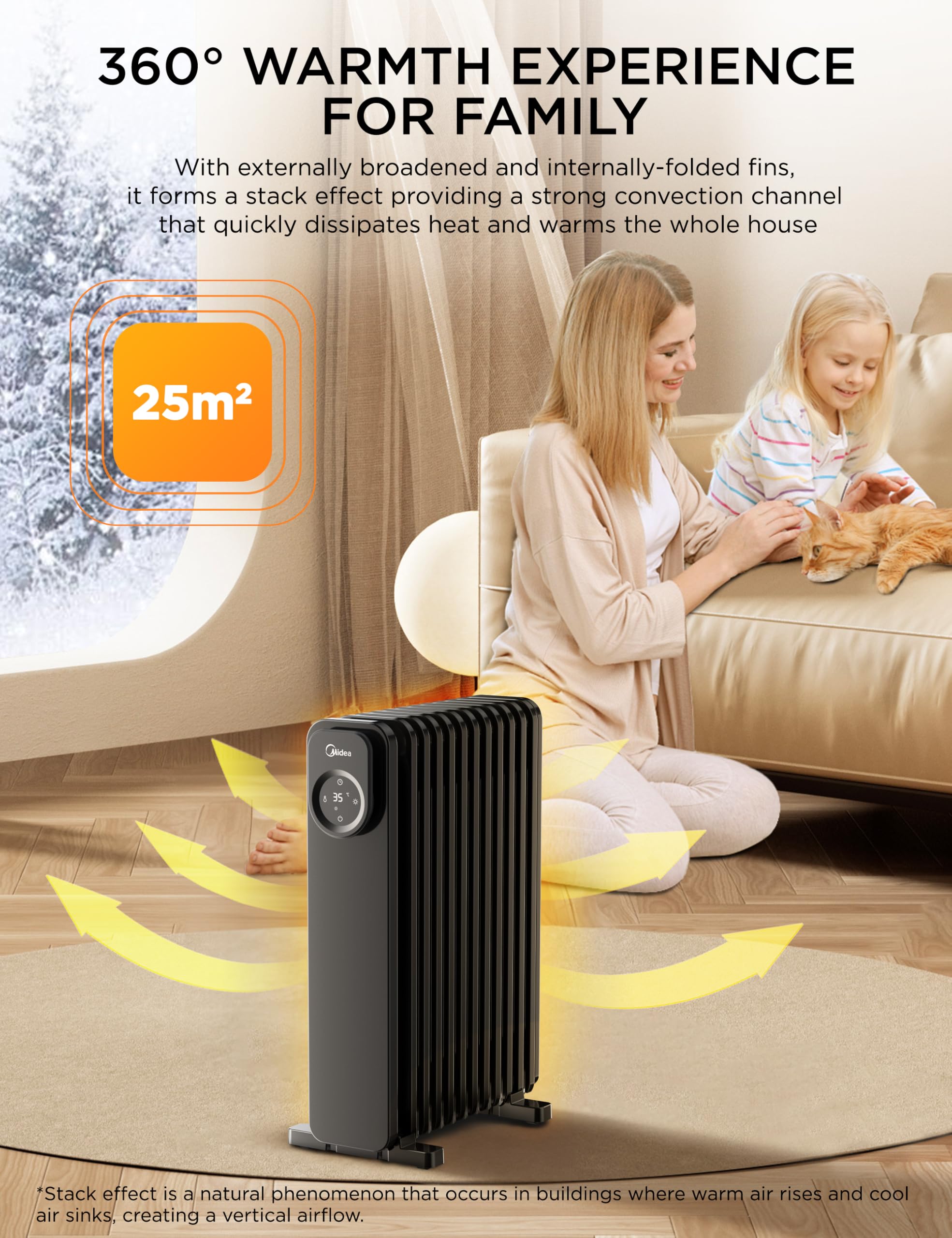 Midea Oil Filled Radiator, 2300W, 11-Fin Portable Electric Heater with Knob Controls, Adjustable Thermostat, 3 Heat Settings, Tip-Over & Overheat Protection, UltraQuiet Operation for Office & Home Use