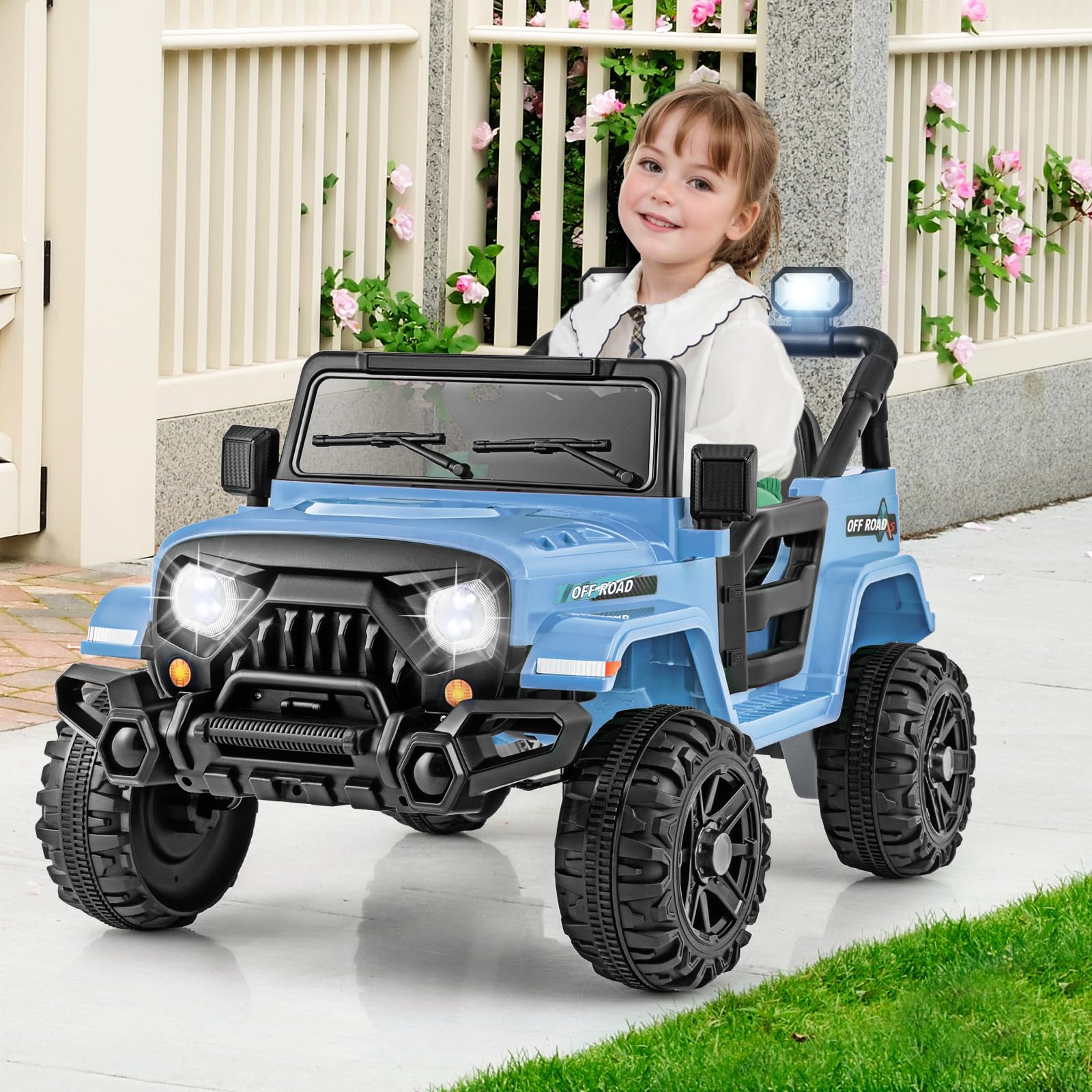 COSTWAY 12V Kids Ride on Car, 2 Motors Electric Off Road Truck with Remote Control, LED Lights, Music, Horn & Wireless Connection, Battery Powered Ride on Toy for Boys Girls (Black)
