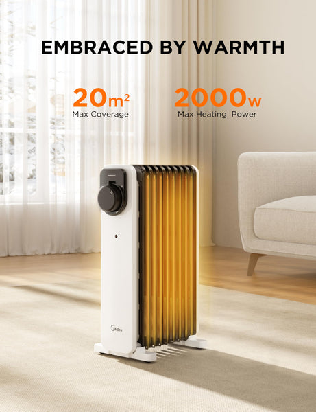 Midea Oil Filled Radiator, 2300W, 11-Fin Portable Electric Heater with Knob Controls, Adjustable Thermostat, 3 Heat Settings, Tip-Over & Overheat Protection, UltraQuiet Operation for Office & Home Use