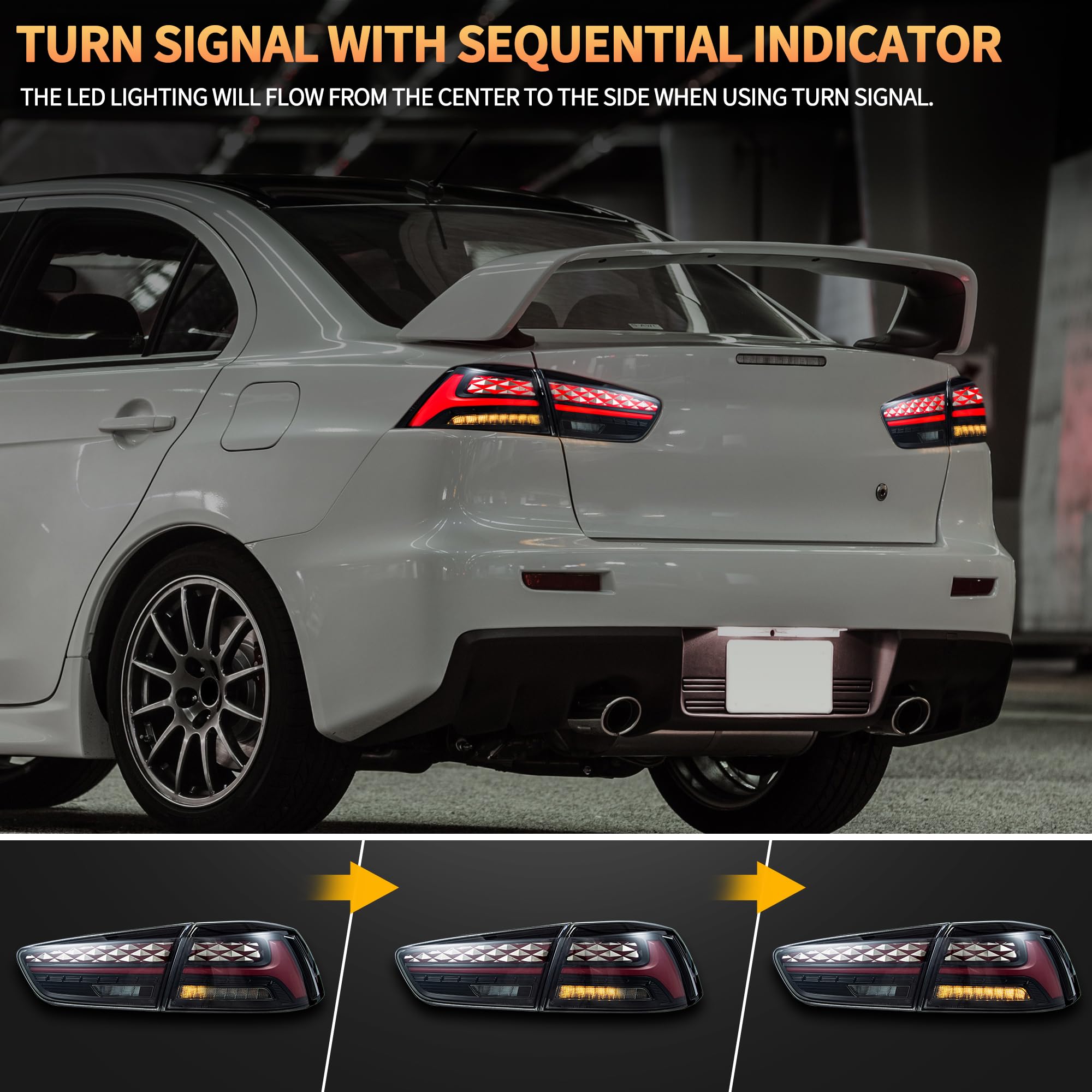 LED Rear Lights compatible with Lancer & EVO X 2008-2020 (Not Fit fortis/io), w/Amber Sequential indicator, Driver & Passenger Side - Red