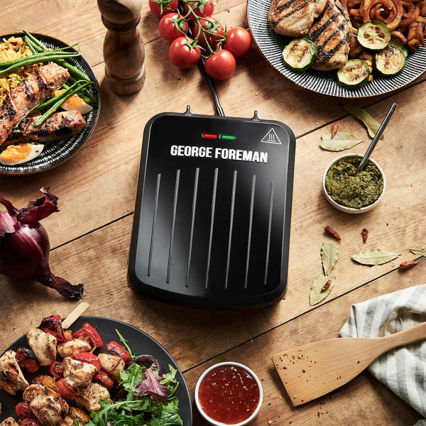 George Foreman Medium Electric Fit Grill [Non stick, Healthy, Griddle, Toastie, Hot plate, Panini, BBQ, Energy saving, Vertical storage, Easy clean, Drip tray, Ready to cook light] Black, 1630W 25810
