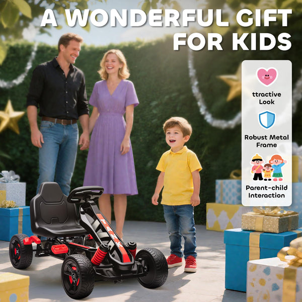 AIYAPLAY Pedal Go Kart, Ride on Racer with Freewheel System, Brake, Non-Slip EVA Wheels, Metal Frame, Go Kart for Kids Ages 3-6 Years, Pink