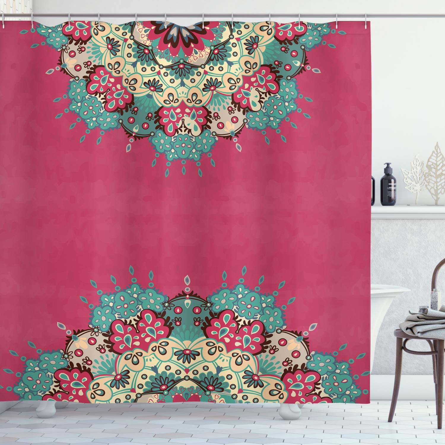 ABAKUHAUS Mandala Shower Curtain, Eastern Floral Motifs in Half Boho Traditional Frame on Pink Background, Cloth Fabric Bathroom Decor Set with Hooks,