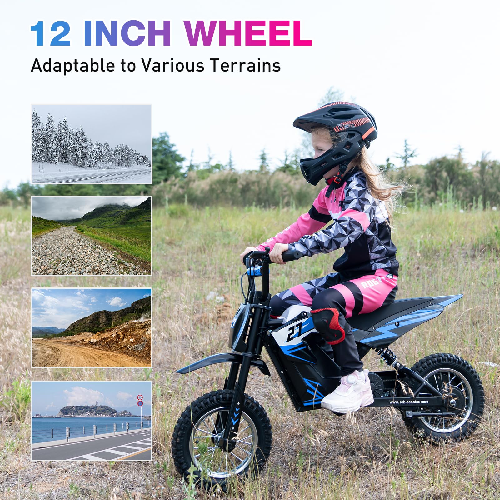 RCB R9X Electric Motorcycle Kids, 12 inch Pneumatic Tires, Ride On Electric Motorcycle with Powerful Motor, 3 Speed Modes 8/12/25KMH, Range 15KM, Moto Crossbike Kids from 3-12years