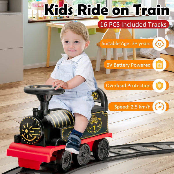 Maxmass Ride On Train and Track, 6V Battery Powered Electric Car with Storage Seat, Music & Lights, Kids Ride On Toy for 18+ Months (Black)