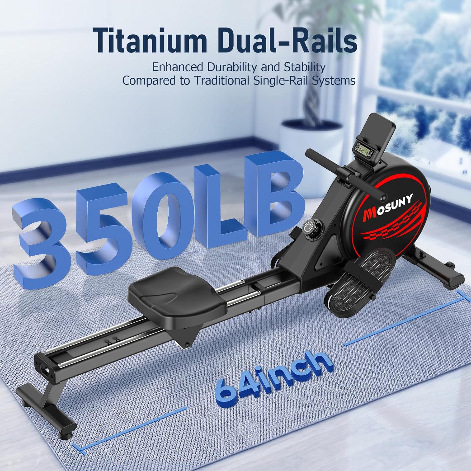 Rowing Machine, MOSUNY Magnetic Rowing Machines for Home Gym with 16 Levels Resistance, Maximum Load of 350 LB, Upgrade to Double Slide Rails, App Supported, Vertical Storage