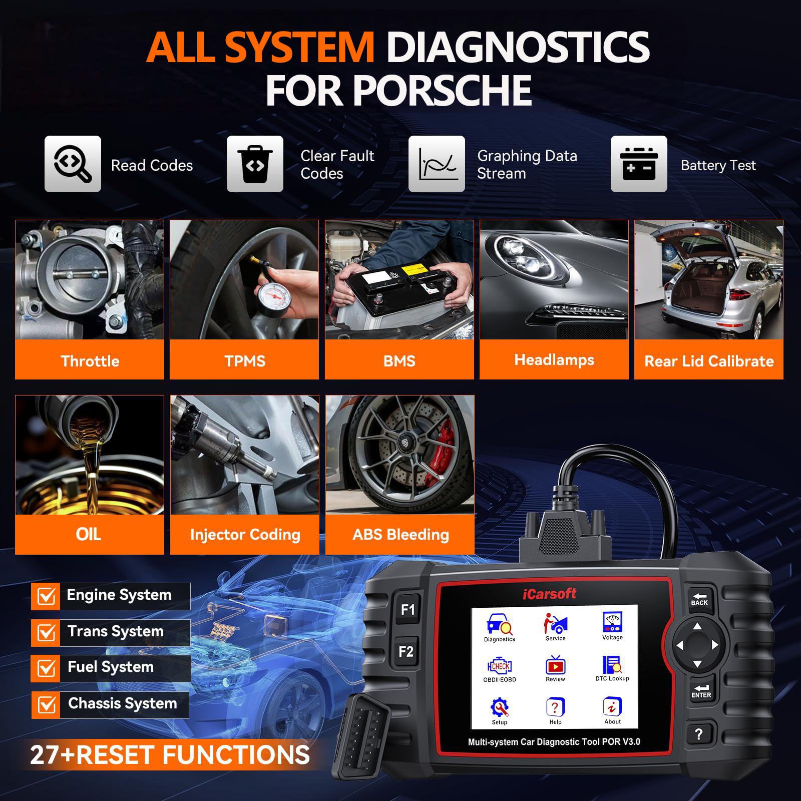 iCarsoft POR V3.0 Scanner for Porsche, 27 Reset Services OBD2 Scanner Code Reader, OIL/BLD/EPB/SAS/BMS/ETC/INJ/DP-F/TPMS Reset, 4-in-1 Graph Data, Bi-Directional Test, Lifetime F-ree Update