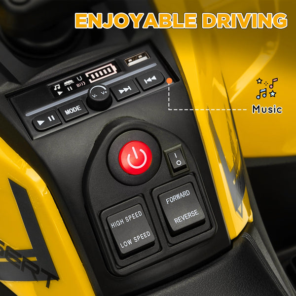 AIYAPLAY 12V Kids Electric Ride on ATV, Battery Powered Quad Bike with 4 Suspension Wheels, Forward Reverse Function, Headlights, Music, Storage Basket, for Ages 3-5 Years, Yellow