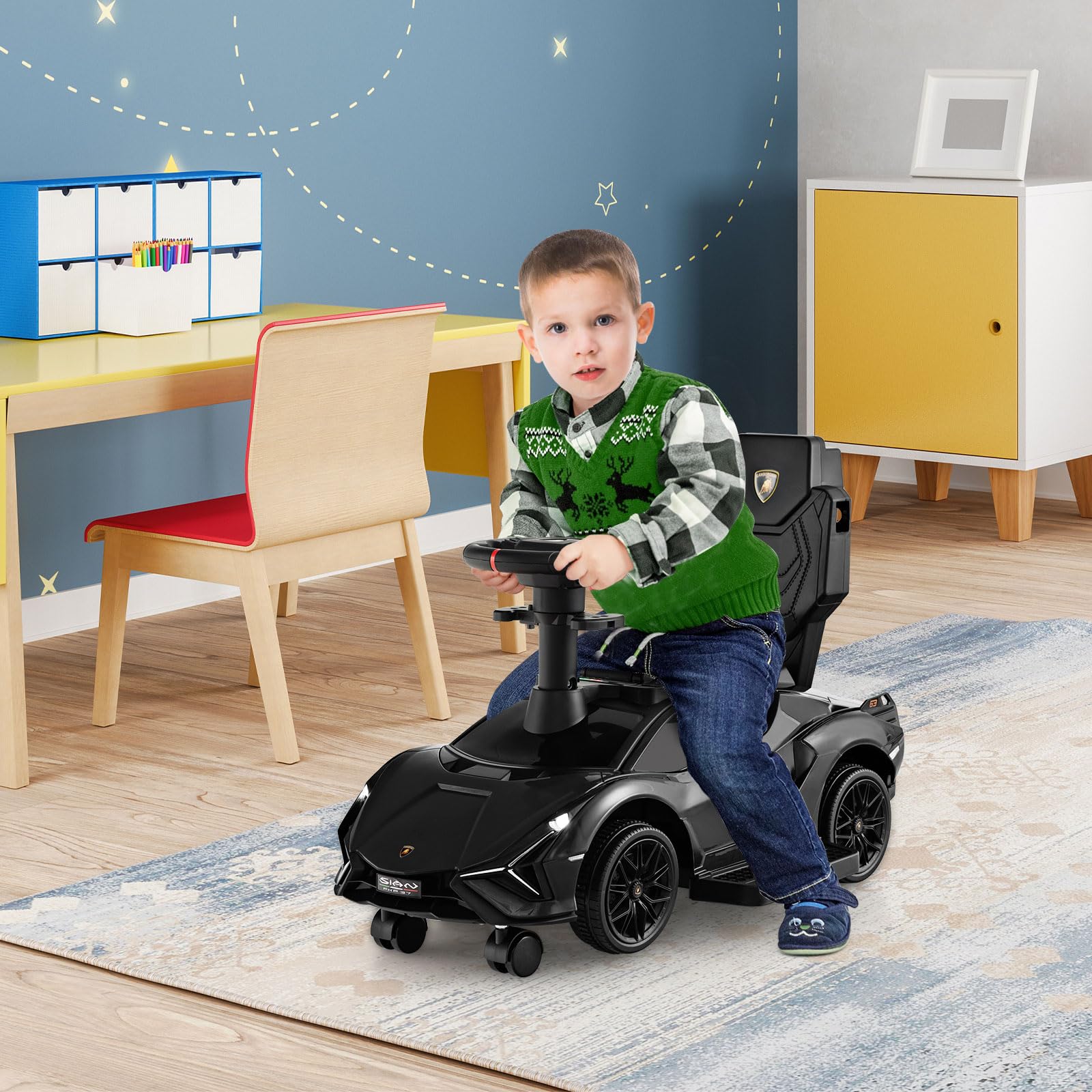 GYMAX 3 in 1 Kids Ride on Push Car, Licensed Lamborghini Push Along Car with Handle, Guardrails, USB Port, Music & Lights, Underneath Storage, Toddler Sliding Toy for 18-60 Months Boys Girls (Black)