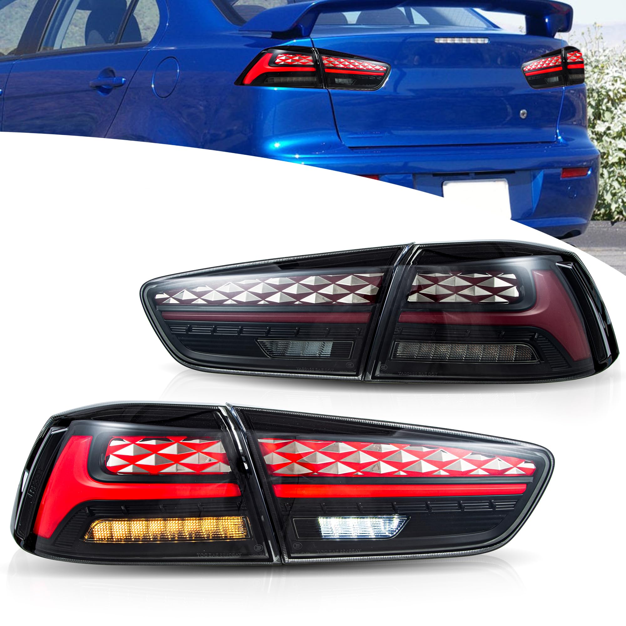 LED Rear Lights compatible with Lancer & EVO X 2008-2020 (Not Fit fortis/io), w/Amber Sequential indicator, Driver & Passenger Side - Red