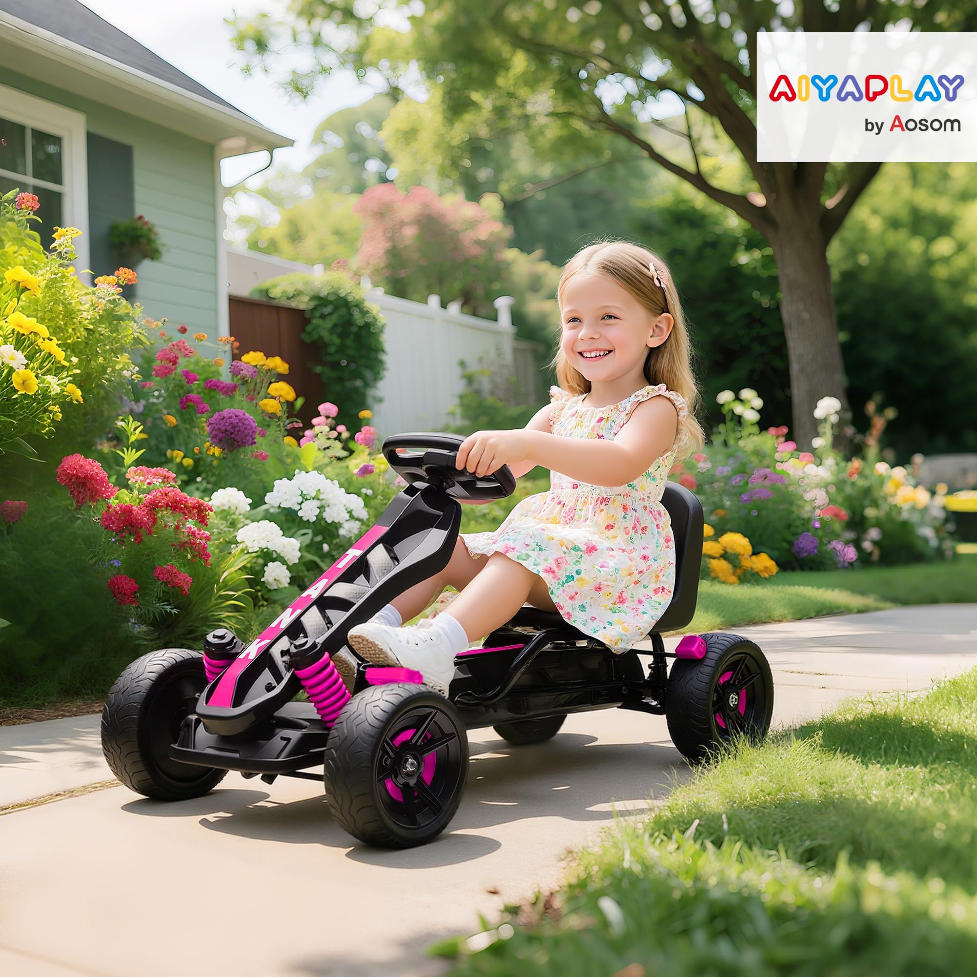 AIYAPLAY Pedal Go Kart, Ride on Racer with Freewheel System, Brake, Non-Slip EVA Wheels, Metal Frame, Go Kart for Kids Ages 3-6 Years, Pink