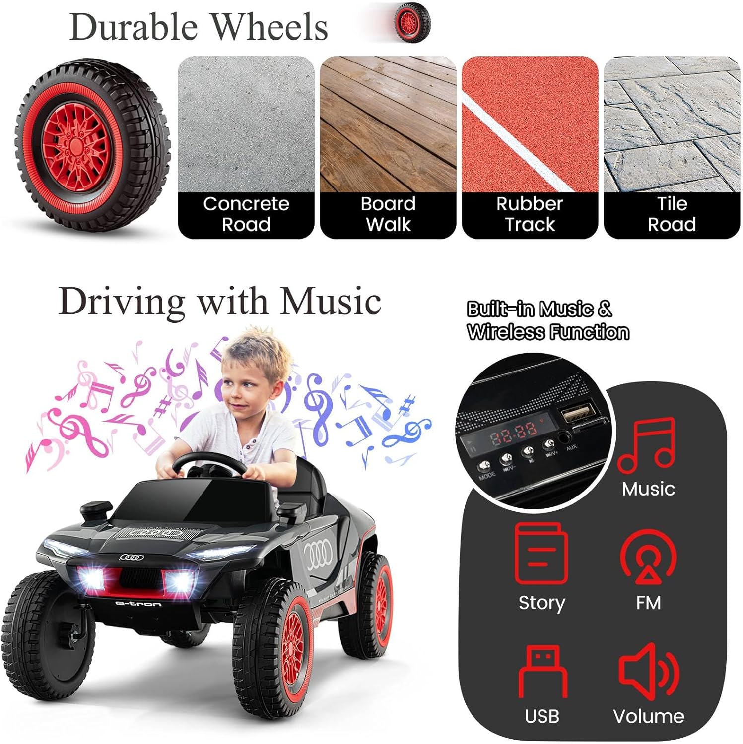 Kids Electric Car, 12V Battery Powered Toy Car with Remote Control, Music, Horn, Head lights, USB/FM, 4 Suspension Springs, Children Ride on E-tron Racing Car for 3+ Years Old