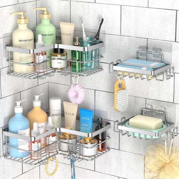 Yazoni Corner Shower Caddy 4-Pack, Adhesive Bathroom Shelves with Soap Holder No Drilling, Rustproof Stainless Steel Bathroom Organizer Wall Mounted,