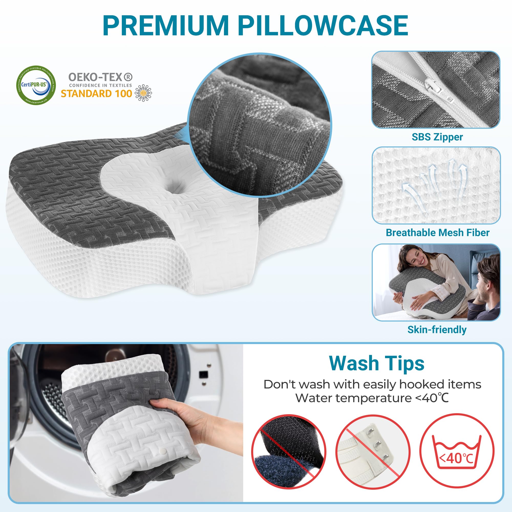 Elviros Cervical Memory Foam Neck Pillow for Side Sleeping, Orthopedic Pillows for Back and Stomach Sleepers, Adjustable Ergonomic Bed Pillow Pain Relief (White)