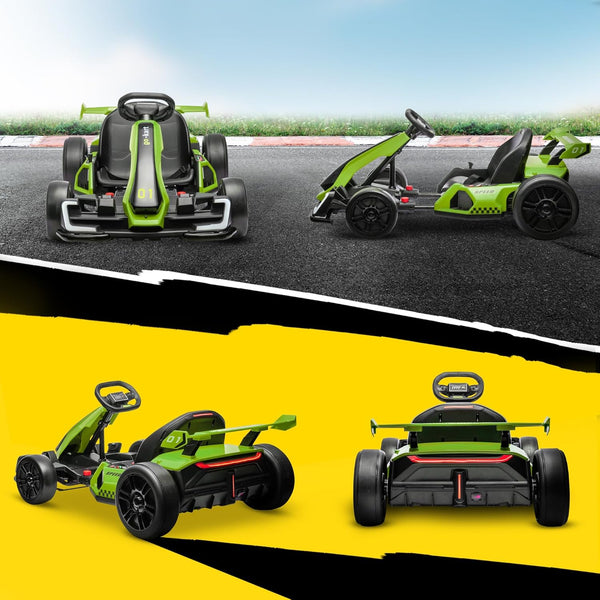 HOMCOM 24V Electric Go Kart for Kids, Ride On Racing Kart with Adjustable Seat, Battery Powered Drifting Ride On Car with Music, Light, Slow Start, Button Start, Horn, for 6-12 Years, Green