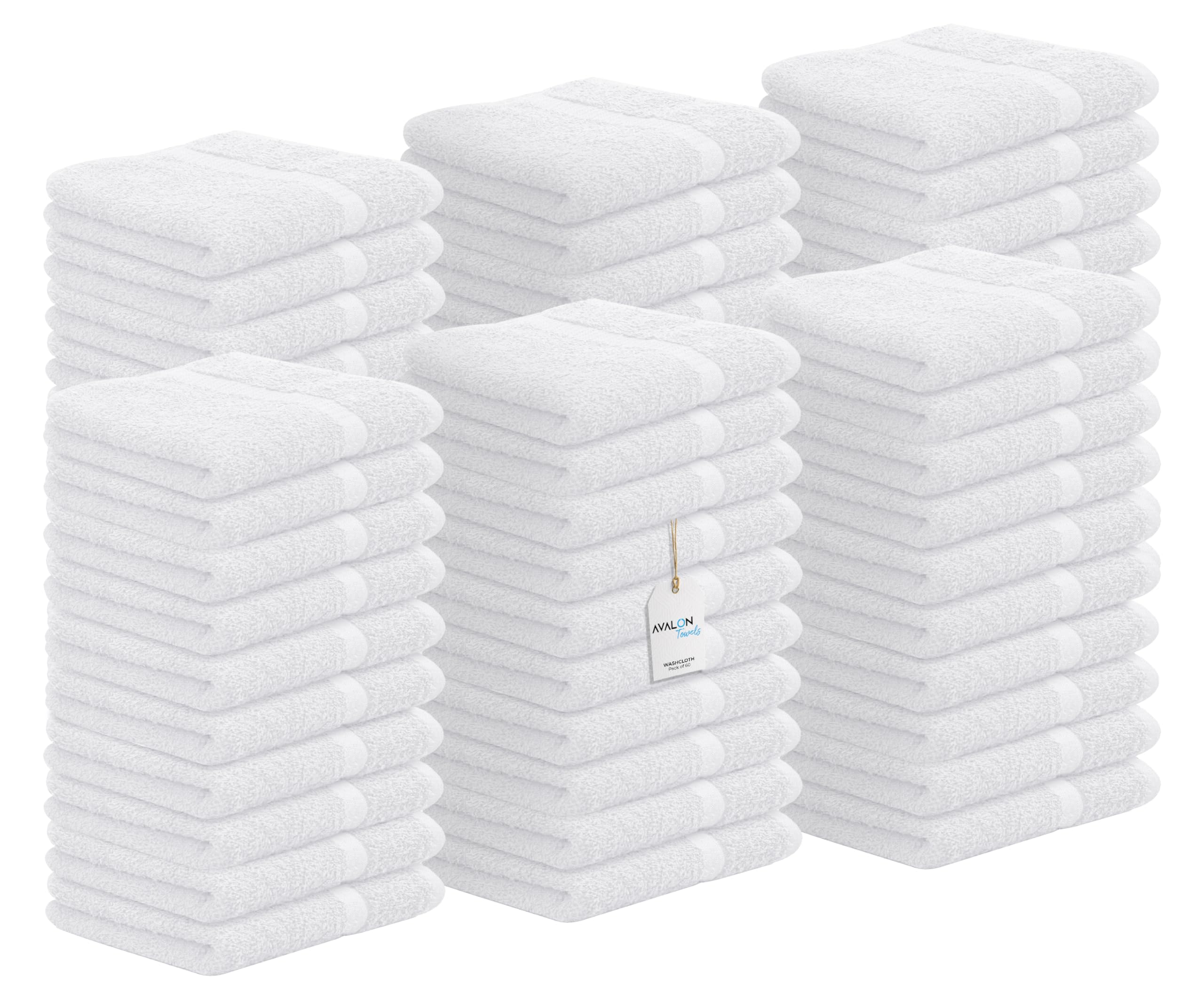 Avalon Towels Cotton Washcloths ? (Pack of 60) Size 12x12 Inches, 100% Ring Spun Cotton, Absorbent, Soft Face Towels, Gym Towels, Hotel and Spa