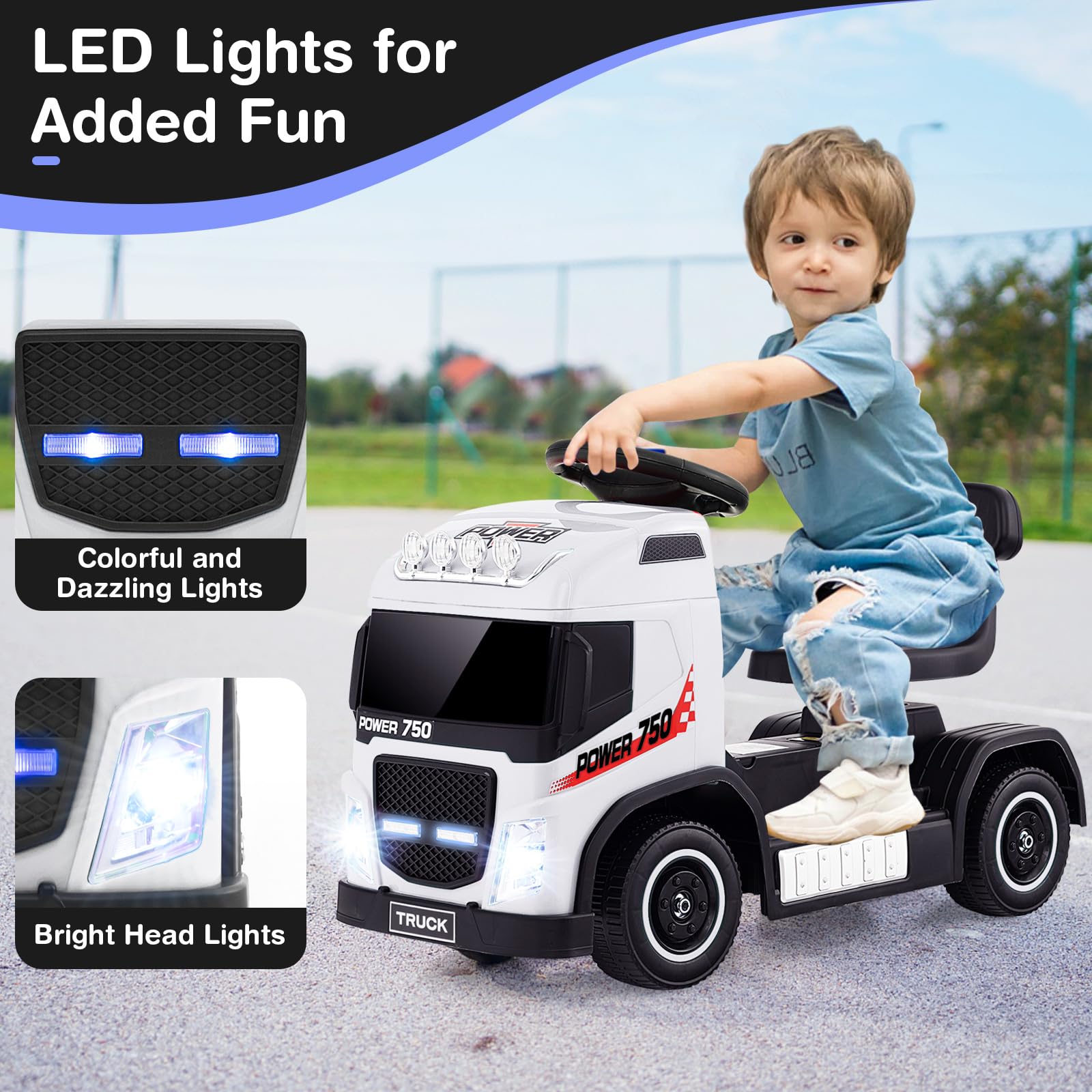 GYMAX Kids Ride on Car, 6V Battery Powered Toy Car with Height Adjustable Seat, Music, Lights, Horn Sound, Forward & Backward, Children Electric Truck for Boys Girls (White)