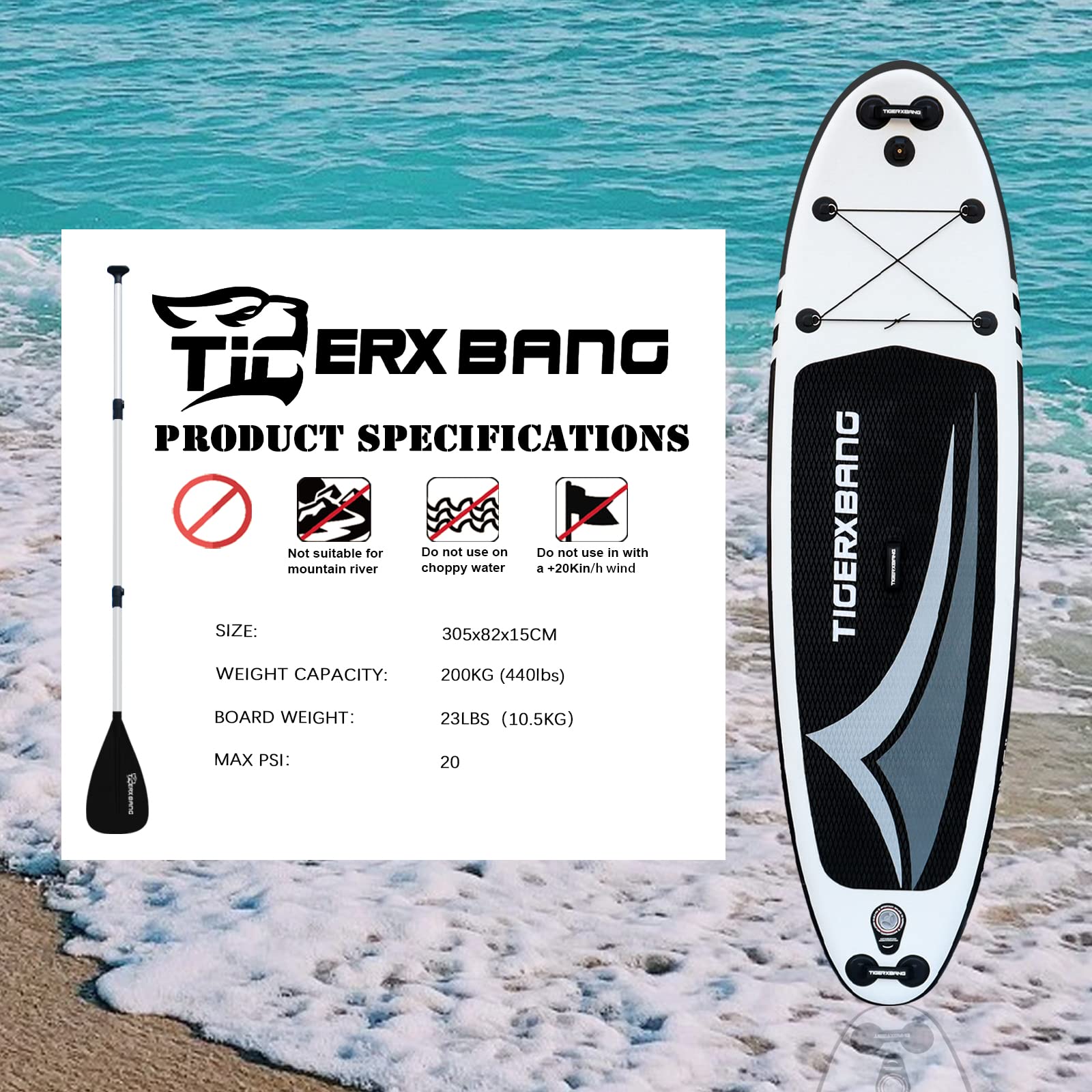TIGERXBANG Inflatable Stand Up Paddle Board SUP Board with Kayak Seat |320x82x15cm| 305x82x15cm| for Adults/Kids| ISUP PaddleBoarding Complete Kit