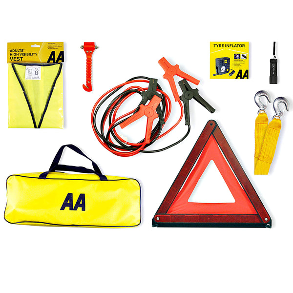 AA Vehicle Breakdown Safety Kit Plus AA5618 – Tyre Inflator, Warning Triangle, Tow Rope, Hi-Vis Vest, Torch, Glass Hammer, Booster Cables, Storage Bag