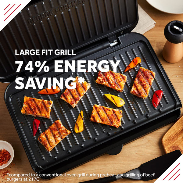 George Foreman Medium Electric Fit Grill [Non stick, Healthy, Griddle, Toastie, Hot plate, Panini, BBQ, Energy saving, Vertical storage, Easy clean, Drip tray, Ready to cook light] Black, 1630W 25810