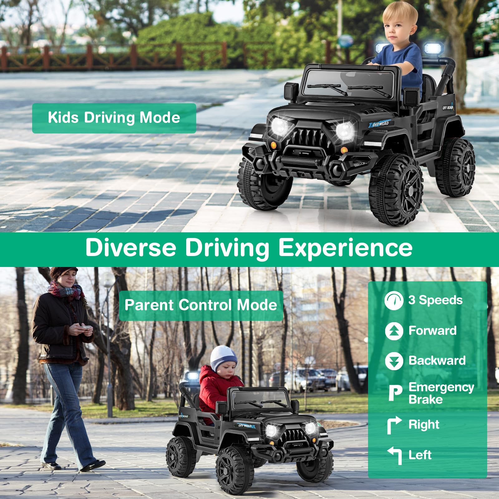 COSTWAY 12V Kids Ride on Car, 2 Motors Electric Off Road Truck with Remote Control, LED Lights, Music, Horn & Wireless Connection, Battery Powered Ride on Toy for Boys Girls (Black)
