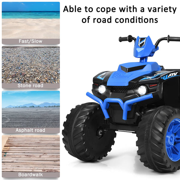 GYMAX Kids Electric Quad Bike, Children Ride On ATV with Bluetooth, Lights, Music, Horn, High/Low Speeds and Slow Start, 12 V Battery Powered Toy Car for 3-7 Years Boys Girls (Blue)