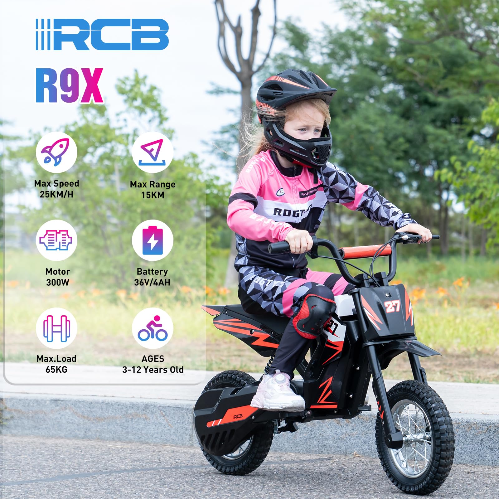 RCB R9X Electric Motorcycle Kids, 12 inch Pneumatic Tires, Ride On Electric Motorcycle with Powerful Motor, 3 Speed Modes 8/12/25KMH, Range 15KM, Moto Crossbike Kids from 3-12years