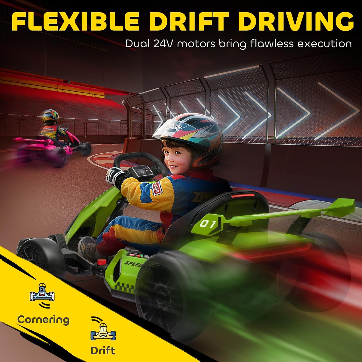 HOMCOM 24V Electric Go Kart for Kids, Ride On Racing Kart with Adjustable Seat, Battery Powered Drifting Ride On Car with Music, Light, Slow Start, Button Start, Horn, for 6-12 Years, Green