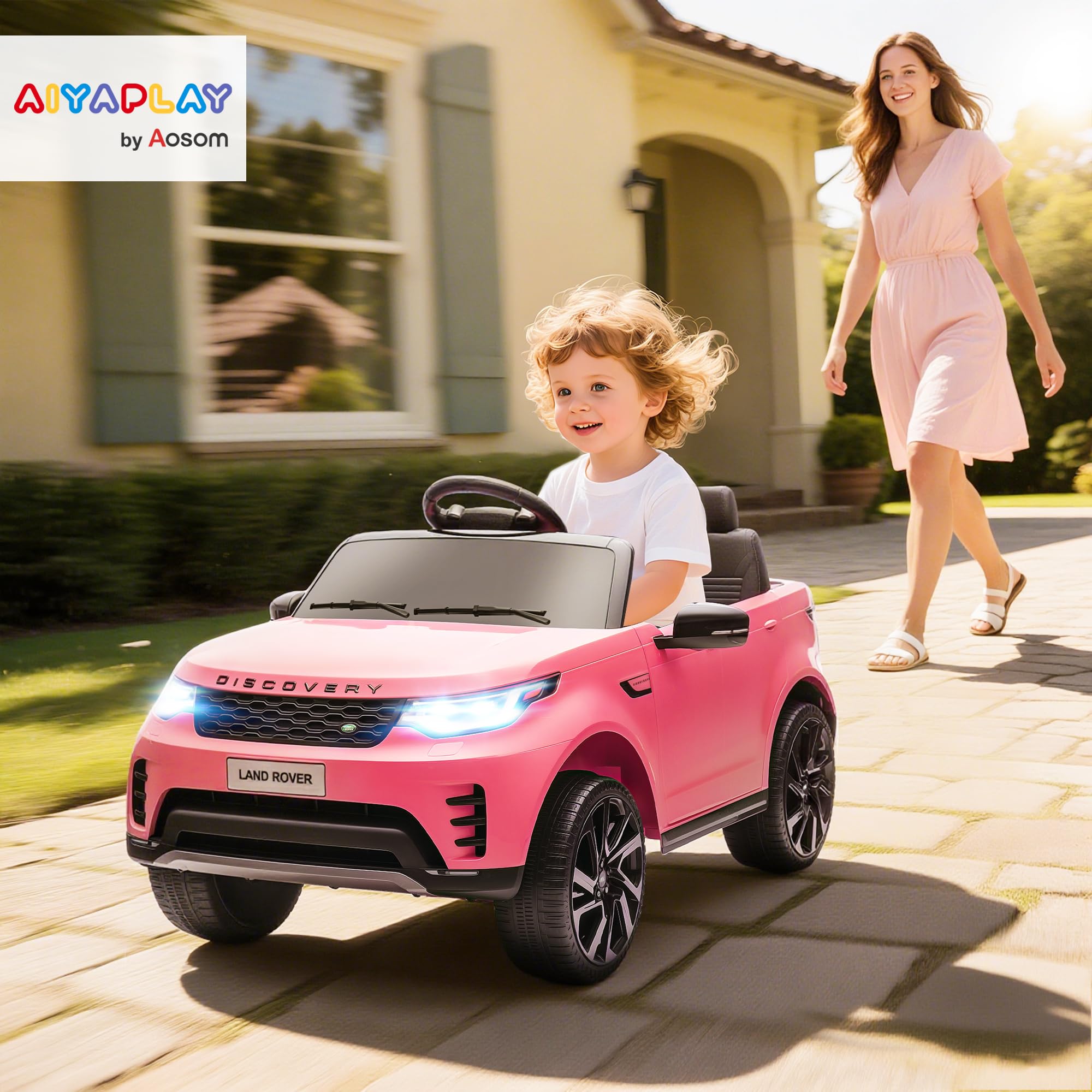 AIYAPLAY Land Rover Discovery Licensed 12V Electric Car for Kids, Ride on SUV with Remote Control, 4 Wheel Suspension System, Slow Start, LED Lights, Music, for 3-6 Years Old, Khaki