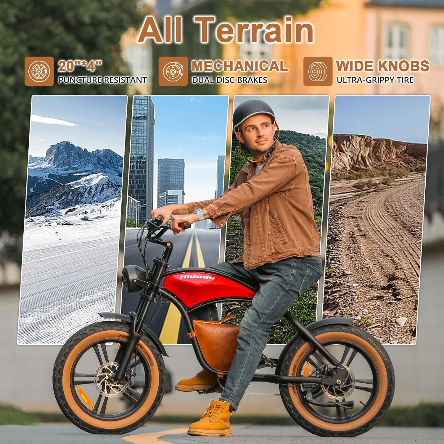 Hidoes B10 Ebikes for Adults,13Ah Battery 70Km Range,Fat Tire Electric Bike for Adults Up to 25Km/h, 60N·M Motor Electric Bicycle Retro E Bike,with Leather Bags,20" All-Terrain Tires