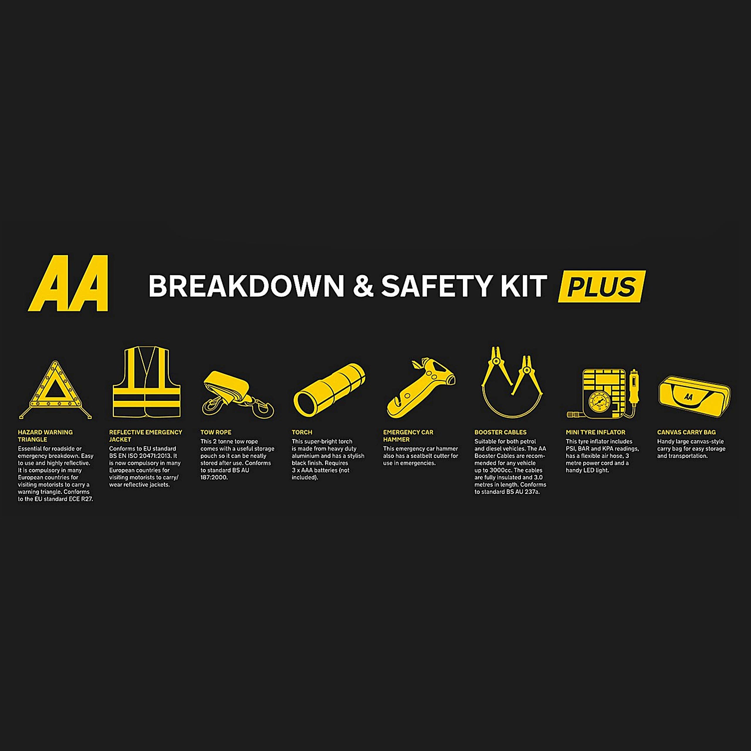 AA Vehicle Breakdown Safety Kit Plus AA5618 – Tyre Inflator, Warning Triangle, Tow Rope, Hi-Vis Vest, Torch, Glass Hammer, Booster Cables, Storage Bag