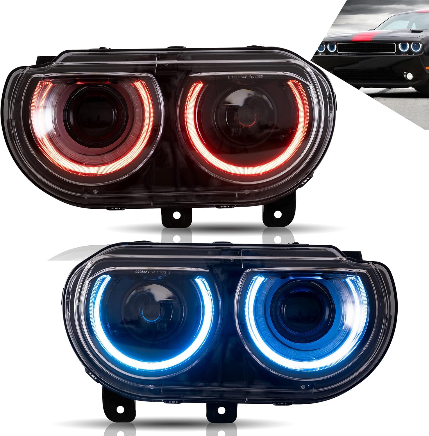 VLAND RGB Headlights Fit for 2008-2014 Dodge Challenger 3rd Gen Coupe, LED Front Lights with Colorful Halo DRL and Sequential Turn Signal